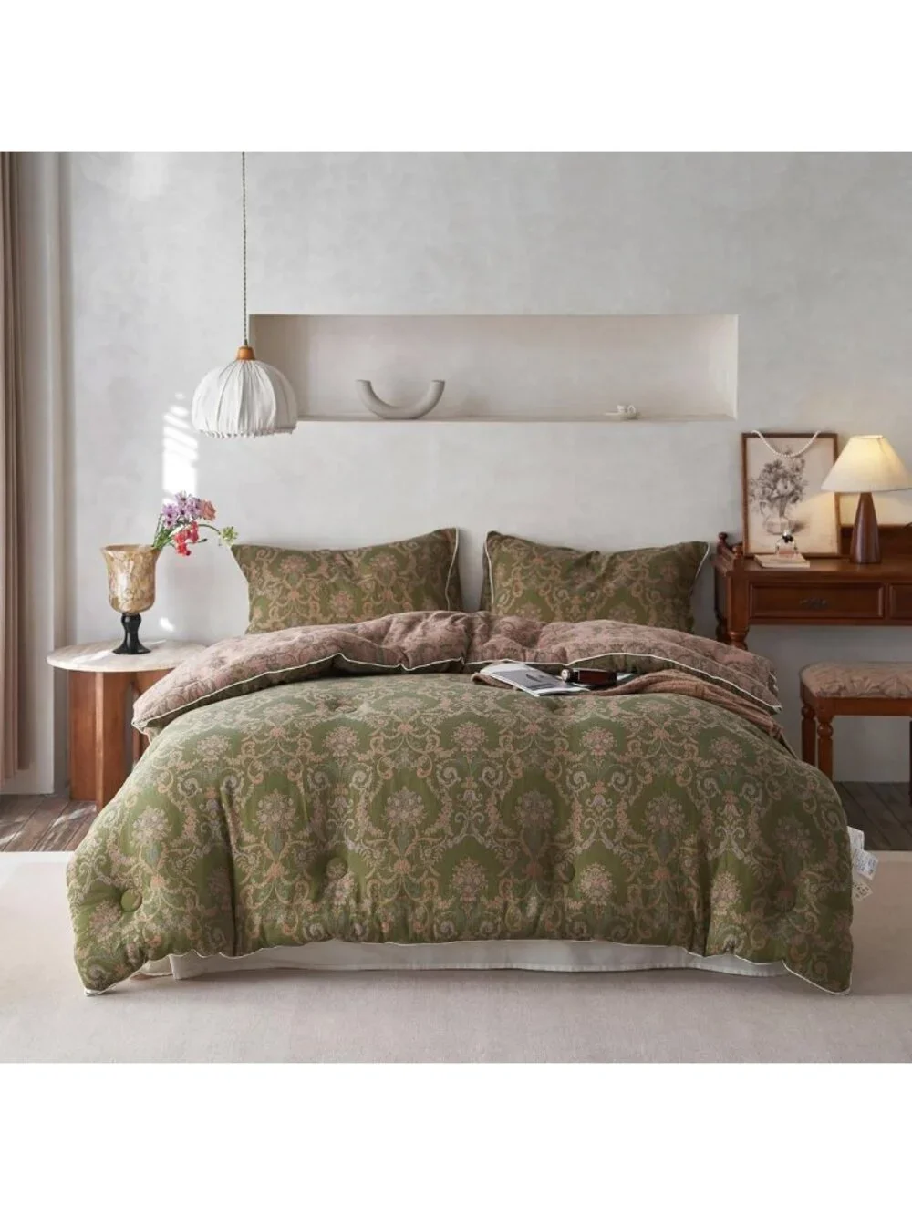 Vintage Olive Green Floral King Comforter Set - 3pcs Soft Breathable Bedding